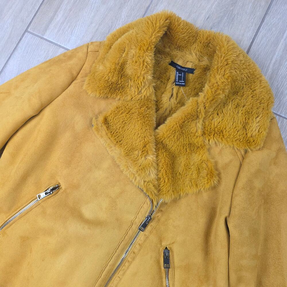 Forever 21 Moto Jacket Womens L Mustard Faux Suede Shearling Fur Biker NWT - Picture 7 of 12